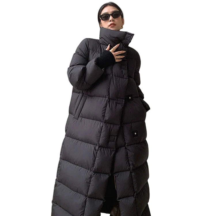 Luksus Lang Dunjakke for Dame – Oversized Puffer med Høy Hals | Vinter 2023 – Svart