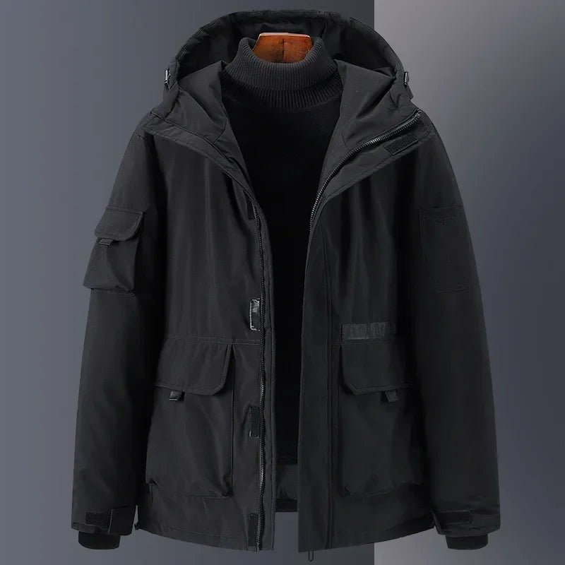 Herre Dunjakke – 100% Hvit Andedun | Varm Parkas med Hette &amp; Designerstil