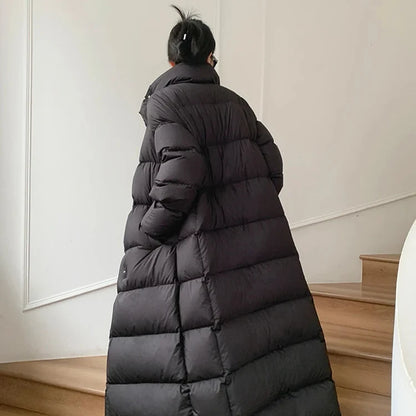 Luksus Lang Dunjakke for Dame – Oversized Puffer med Høy Hals | Vinter 2023