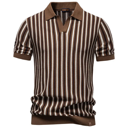 Strikket Polo for Herre med Striper – Kortermet V-hals Business Casual