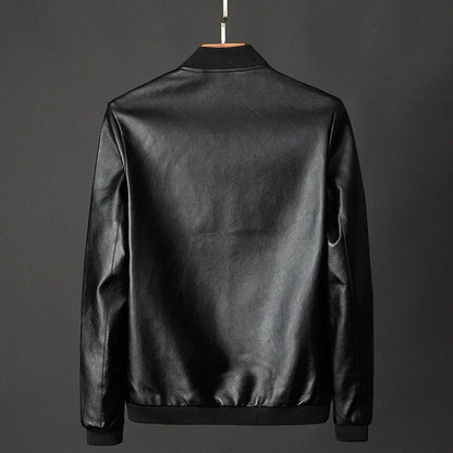 Svart PU Skinnjakke for Menn – Koreansk Bikerstil i Slim Passform | Trendy Baseball-inspirert Jakke (Opptil 8XL)