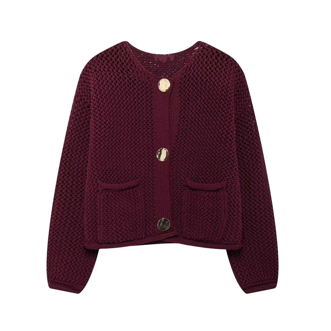 Klassisk Strikket Cardigan for Kvinner – Elegant Vintage Design med Knapper | Koreansk Inspirert Mote til Høst og Vår – Burgunder