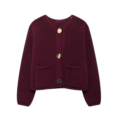 Klassisk Strikket Cardigan for Kvinner – Elegant Vintage Design med Knapper | Koreansk Inspirert Mote til Høst og Vår – Burgunder