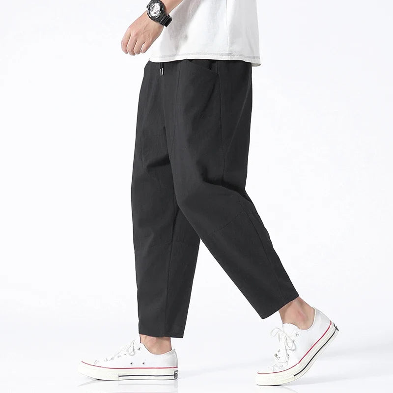 Trendy Herrebukser i 100% Bomull – Japanskinspirert, Løs Passform og Cropped Lengde (opptil 5XL)