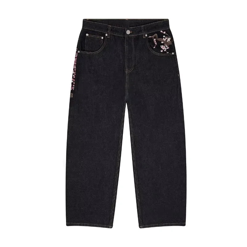 Y2K Harajuku Jeans – Vide Denim Bukser med Broderte Plomster | Unisex Goth &amp; Streetwear Stil