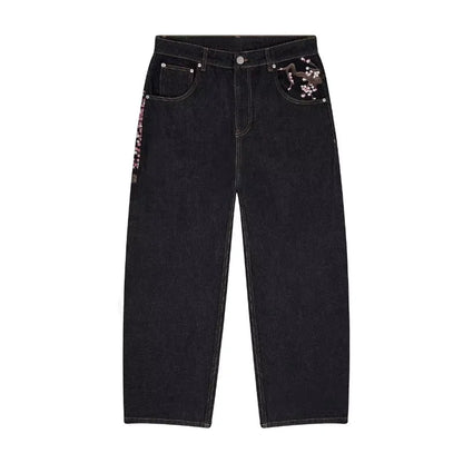 Y2K Harajuku Jeans – Vide Denim Bukser med Broderte Plomster | Unisex Goth &amp; Streetwear Stil