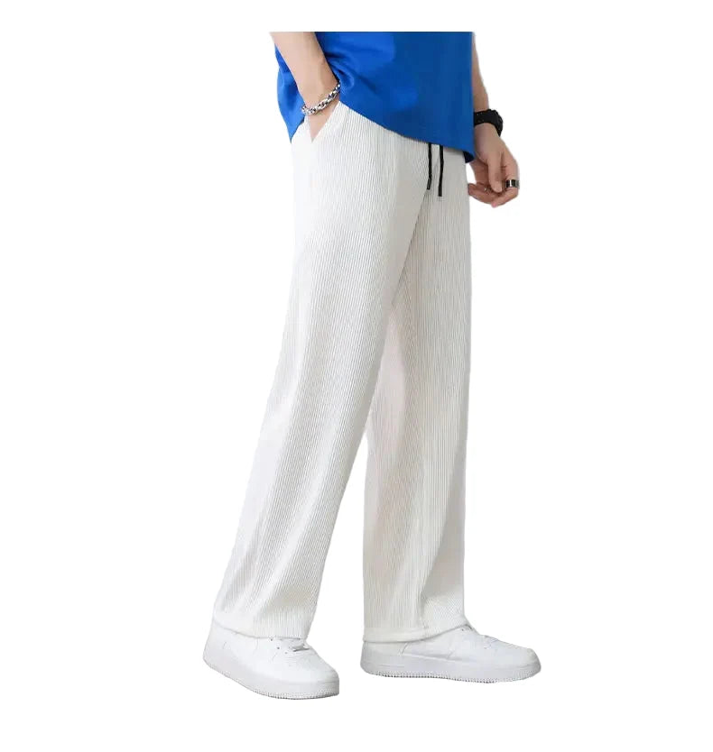 Hvite Ice Silk Sommerbukser for Herre – Lette, Vide Streetwear Bukser