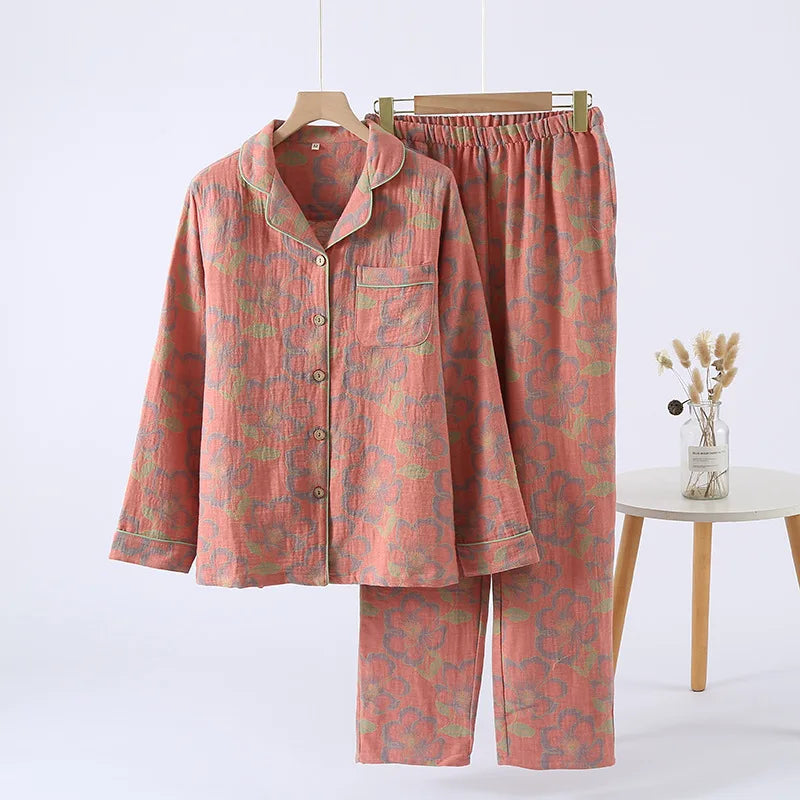 Jacquard Pysjamasett i Bomull (Garnfarget) – 2-delt Langermet Sett med Etnisk Mønster | Høst Loungewear