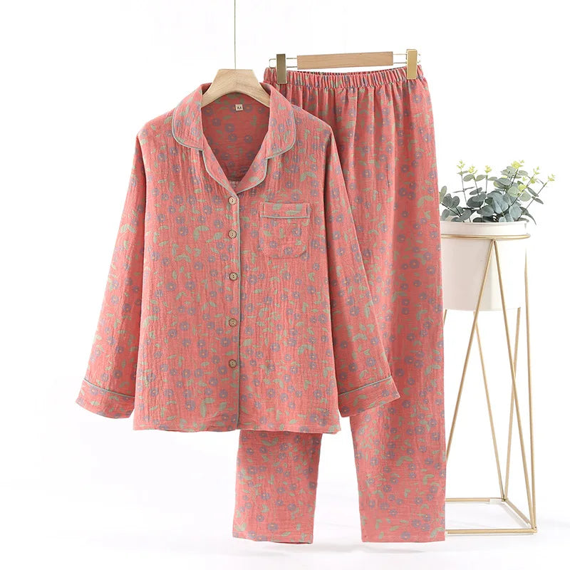 Jacquard Pysjamasett i Bomull (Garnfarget) – 2-delt Langermet Sett med Etnisk Mønster | Høst Loungewear