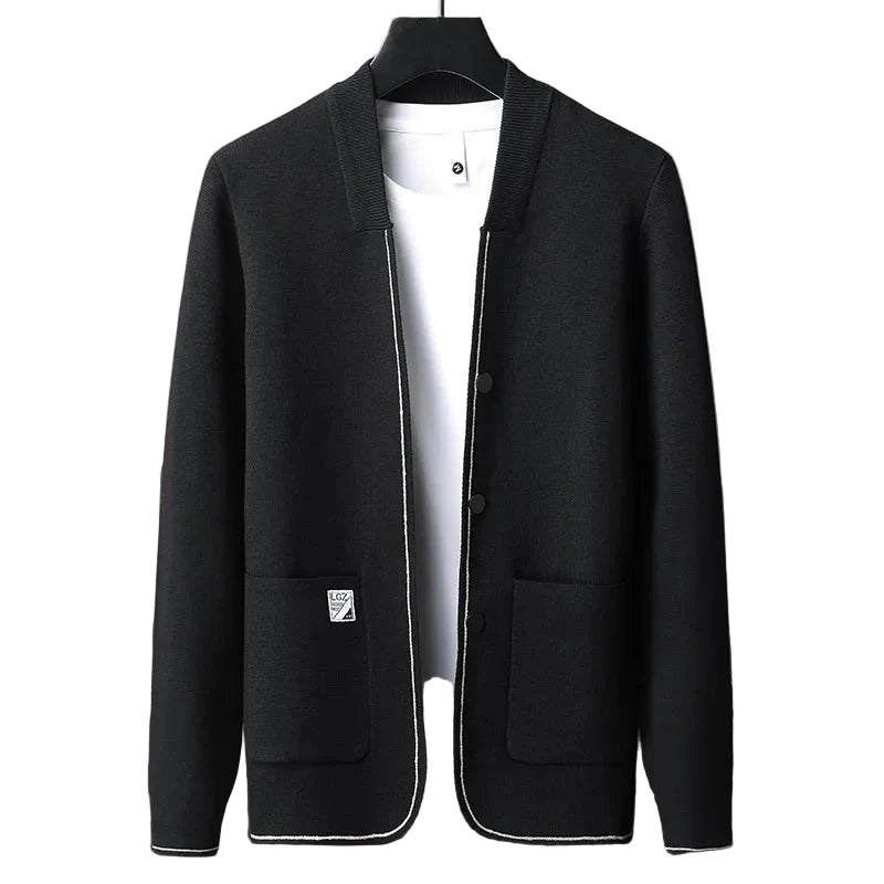 Herre Cardigan – Strikket Ensfarget Jakke | Koreansk Casual med Sjal-krage &amp; Lommer