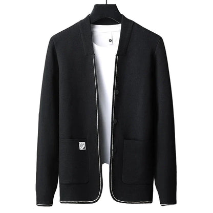 Herre Cardigan – Strikket Ensfarget Jakke | Koreansk Casual med Sjal-krage &amp; Lommer