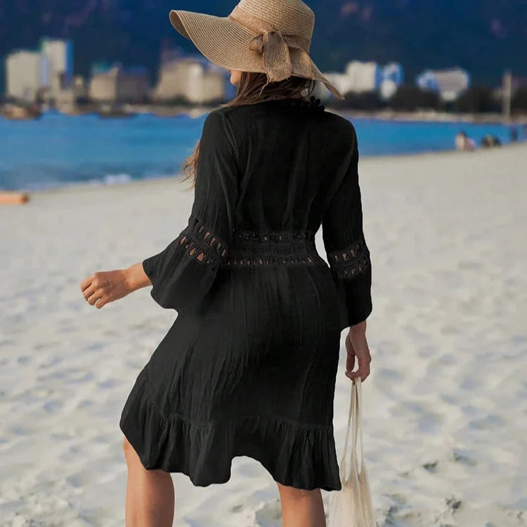 Sommerlig Heklet Boho Strandkimono – Åpen Blonde Cover-Up med Dusker