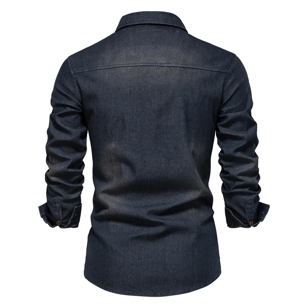 Slim Fit Denimskjorte for Herre – Elastisk Bomull og Klassisk Cowboy-stil med Moderne Passform
