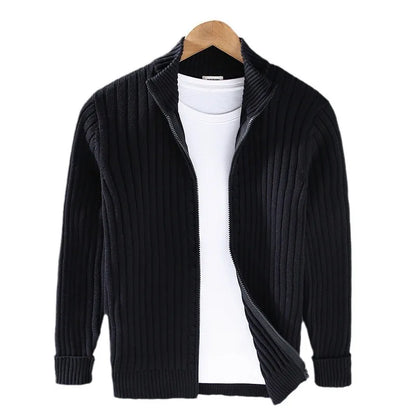 Strikket Herrecardigan med Glidelås – Slim Fit, Halvhøy Hals og Varm Komfort til Vår og Høst