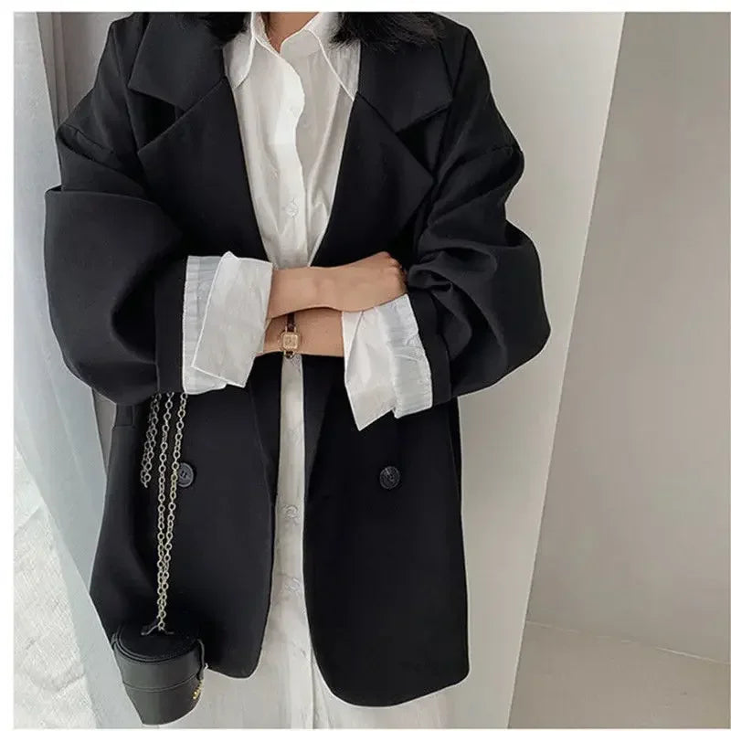 Vintage Blazer for Dame – Løs Dobbelspent Dressjakke med Lange Ermer | Elegant &amp; Trendy Høststil 2025