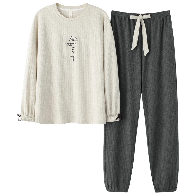 Kordfløyel-Pysjamas til Dame – Varmt Vintersett i Bomull, Løs Passform (Langermet) | Mykt Loungewear