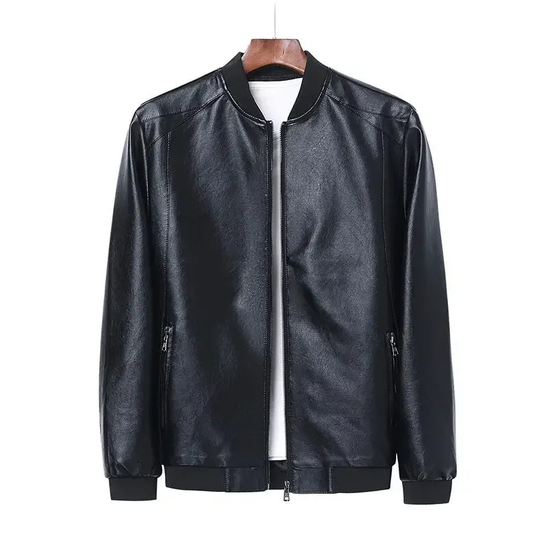 Svart PU Skinnjakke for Menn – Koreansk Bikerstil i Slim Passform | Trendy Baseball-inspirert Jakke (Opptil 8XL)