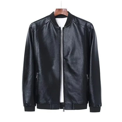 Svart PU Skinnjakke for Menn – Koreansk Bikerstil i Slim Passform | Trendy Baseball-inspirert Jakke (Opptil 8XL)