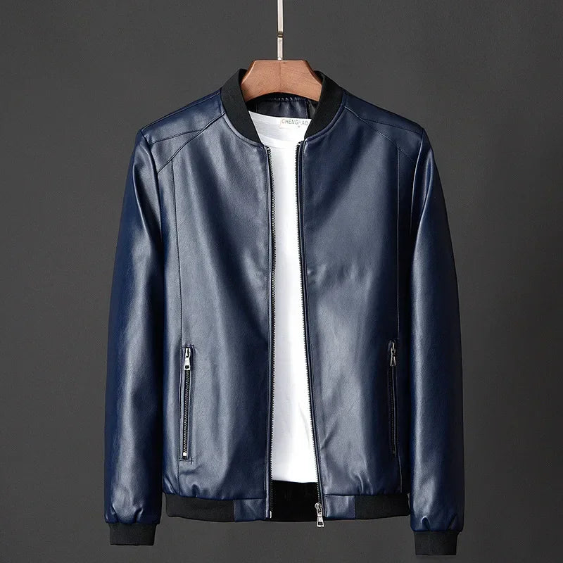 Svart PU Skinnjakke for Menn – Koreansk Bikerstil i Slim Passform | Trendy Baseball-inspirert Jakke (Opptil 8XL)