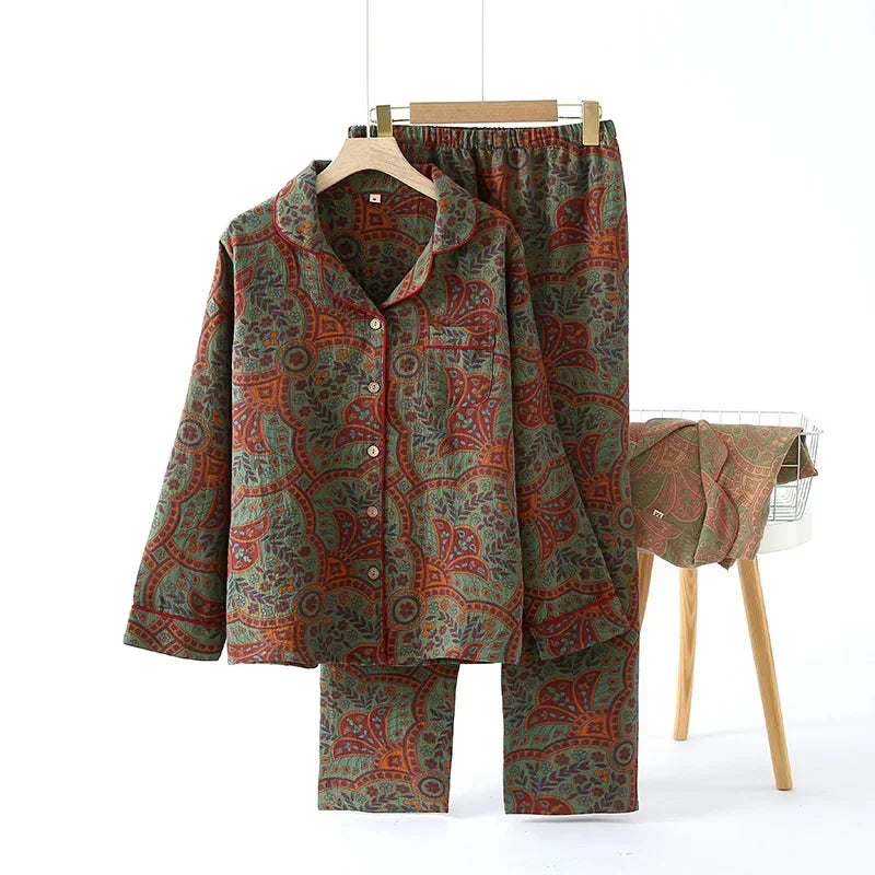Jacquard Pysjamasett i Bomull (Garnfarget) – 2-delt Langermet Sett med Etnisk Mønster | Høst Loungewear