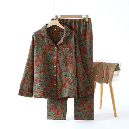 Jacquard Pysjamasett i Bomull (Garnfarget) – 2-delt Langermet Sett med Etnisk Mønster | Høst Loungewear