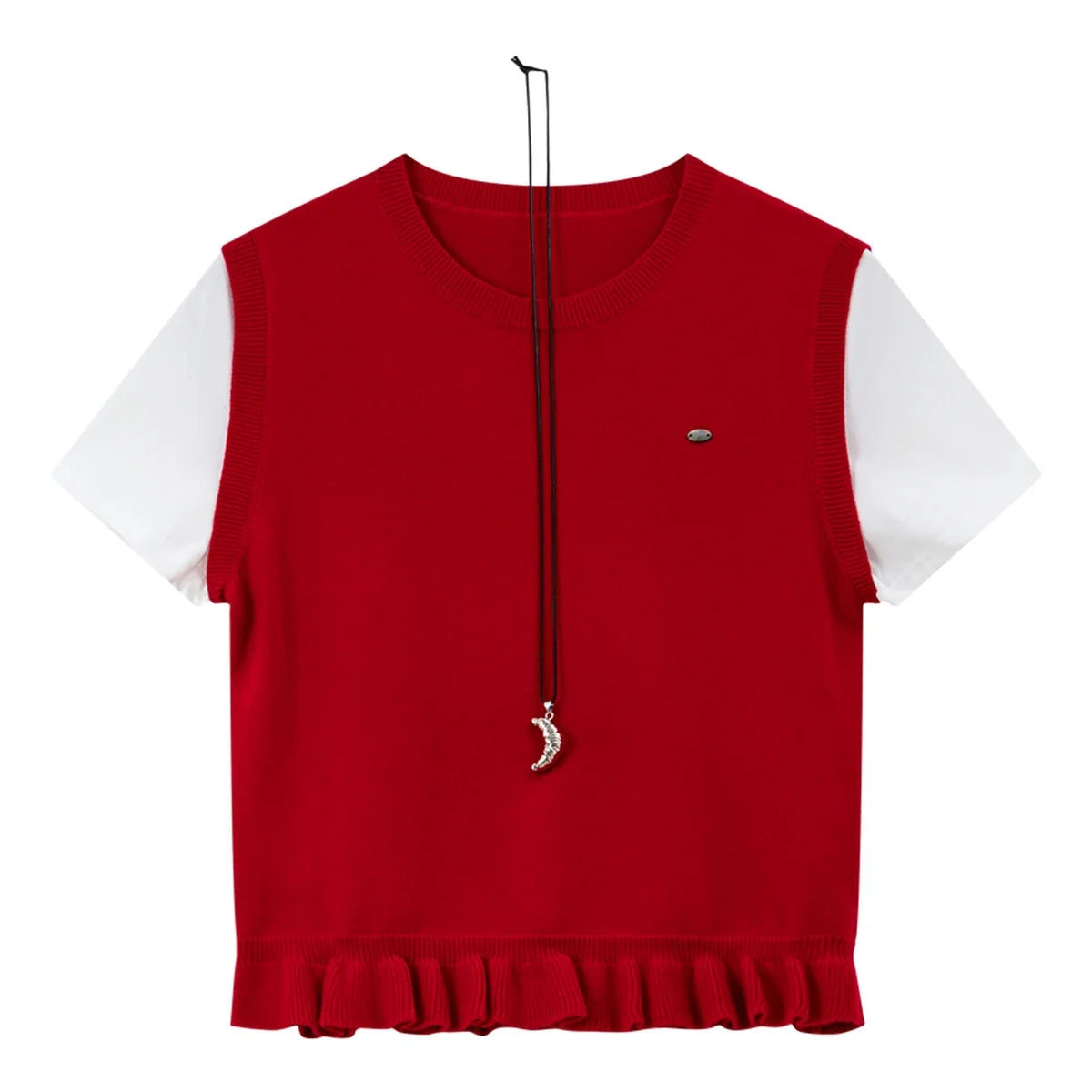 Strikket Faux Two-Piece Topp til Dame – Kontrast og Volangdetaljer