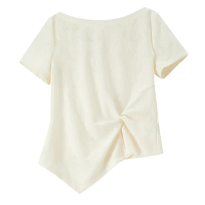 Off-Shoulder Strikket Topp til Dame – Beige Jacquard Sommertopp