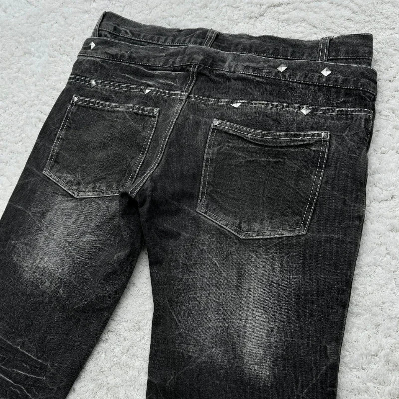 Y2K Washed Jeans – Unisex Retro Flare Bukser med Snøring &amp; Dobbeltliv | Gothic Streetwear i Premium Design