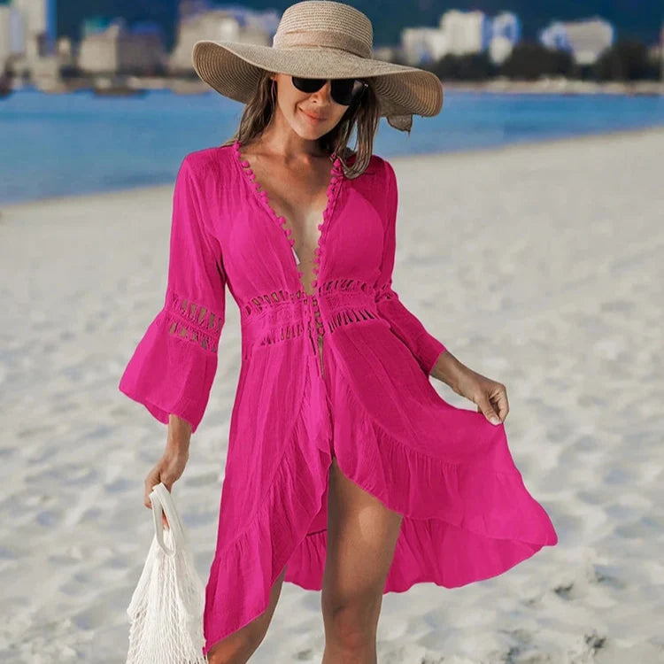 Sommerlig Heklet Boho Strandkimono – Åpen Blonde Cover-Up med Dusker