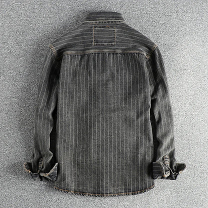 Britisk Retro Denimskjorte for Menn – Tung Sort/Grå Stripet Skjortejakke med Lomme | Klassisk Høststil
