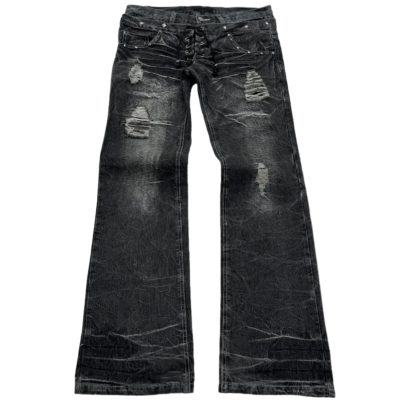 Y2K Washed Jeans – Unisex Retro Flare Bukser med Snøring &amp; Dobbeltliv | Gothic Streetwear i Premium Design
