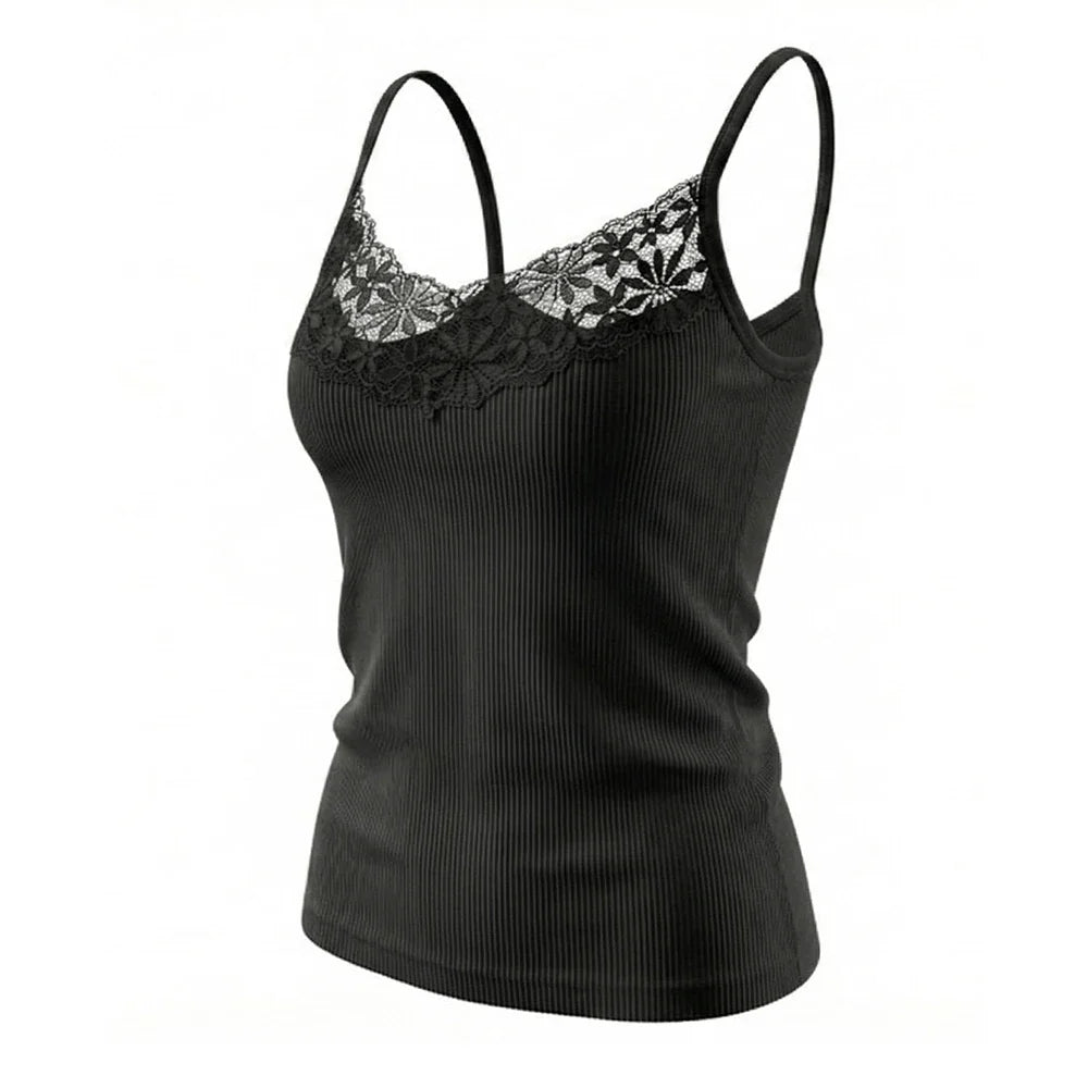 Ribbet Blondetopp til Dame | Figurnær Camisole med Dyp V-Hals