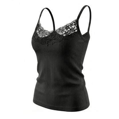 Ribbet Blondetopp til Dame | Figurnær Camisole med Dyp V-Hals