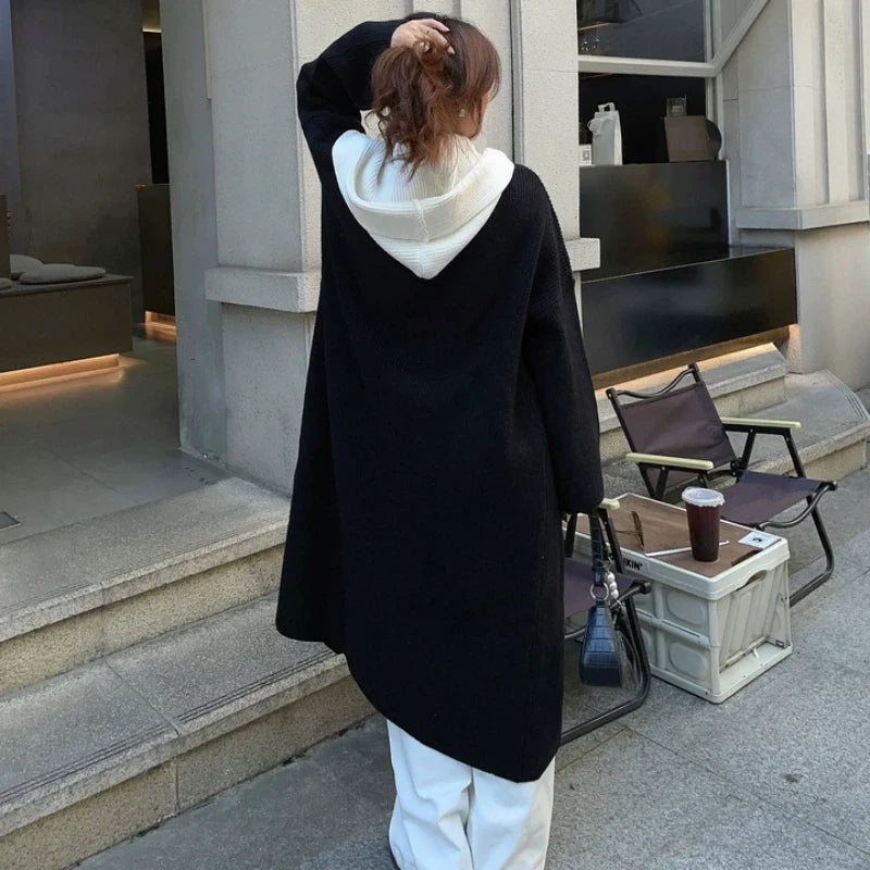 Lang Strikkecardigan med Hette – Løs Passform &amp; Doble Knapperekker | Varm &amp; Trendy Ulzzang-stil
