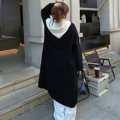 Lang Strikkecardigan med Hette – Løs Passform &amp; Doble Knapperekker | Varm &amp; Trendy Ulzzang-stil