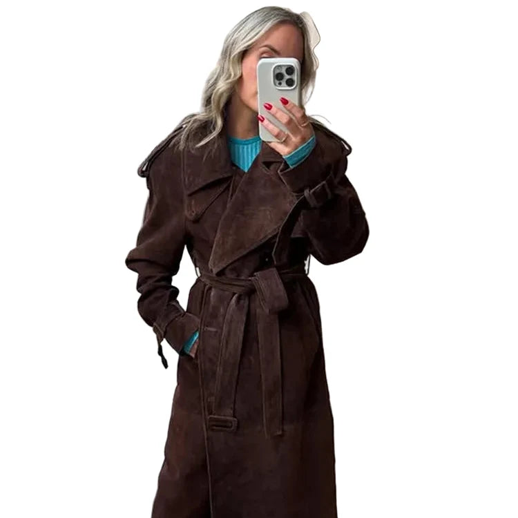 Lang Semsket Frakk for Dame – Elegant Dobbeltspent Jakke med Belte | Vintage Stil til Høst og Vinter 2025 – Korte jakker