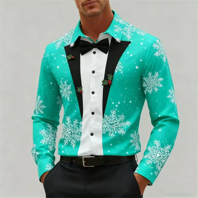 Jule Skjorte for Menn – Langermet Skjorte med Sløyfe og Snøfnuggmønster | Festlig og Komfortabel Skjorte til Jul og Nyttår