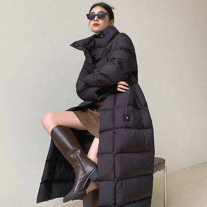 Luksus Lang Dunjakke for Dame – Oversized Puffer med Høy Hals | Vinter 2023