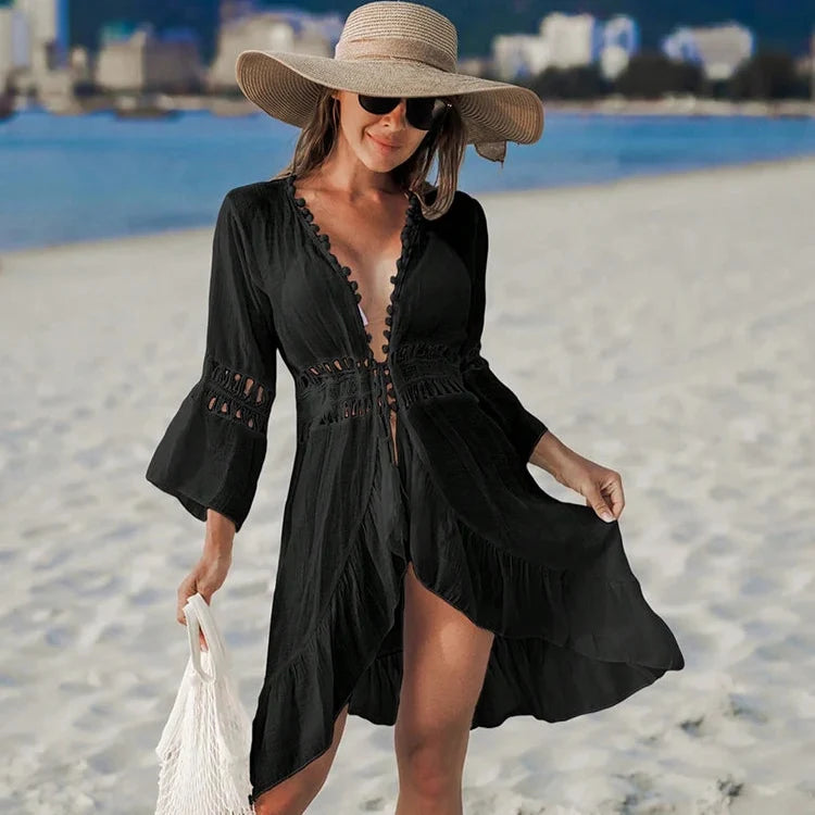 Sommerlig Heklet Boho Strandkimono – Åpen Blonde Cover-Up med Dusker