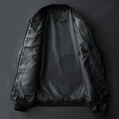 Svart PU Skinnjakke for Menn – Koreansk Bikerstil i Slim Passform | Trendy Baseball-inspirert Jakke (Opptil 8XL)
