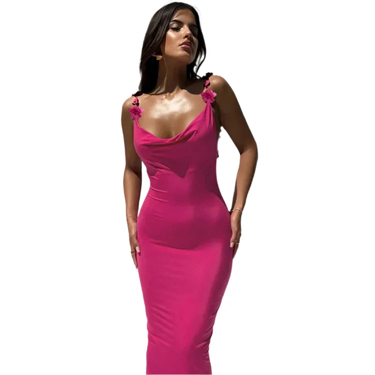 Elegant Maxikjole i Rose Rosa – Figurnær Slipdress med Spagettistropper og Åpen Rygg – Roserosa