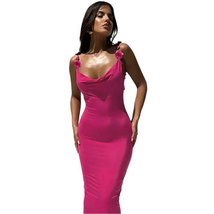 Elegant Maxikjole i Rose Rosa – Figurnær Slipdress med Spagettistropper og Åpen Rygg – Roserosa