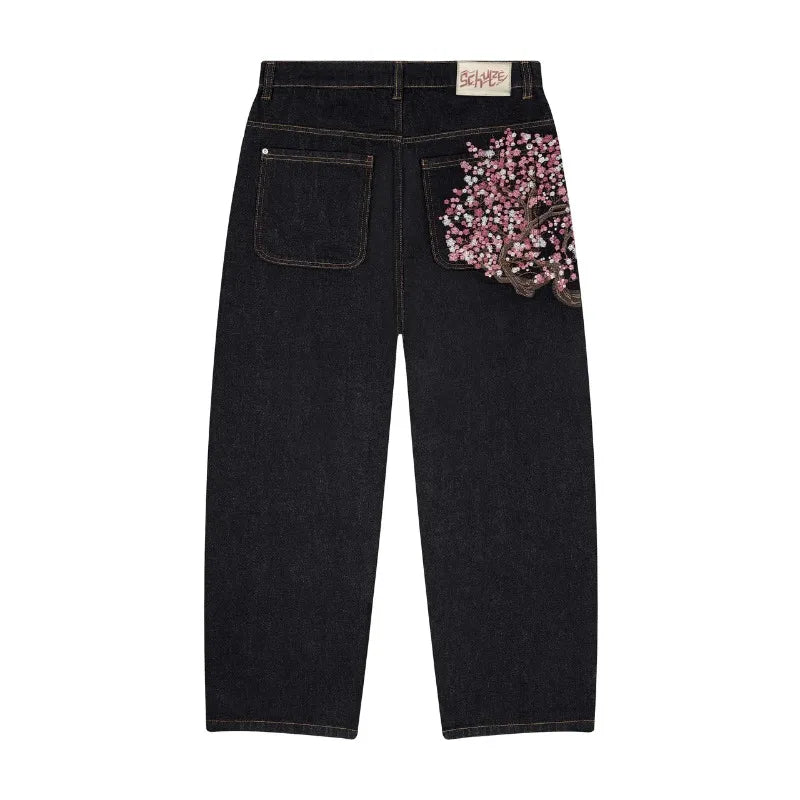 Y2K Harajuku Jeans – Vide Denim Bukser med Broderte Plomster | Unisex Goth &amp; Streetwear Stil