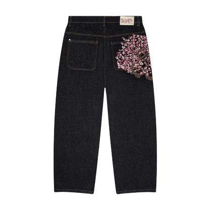 Y2K Harajuku Jeans – Vide Denim Bukser med Broderte Plomster | Unisex Goth &amp; Streetwear Stil