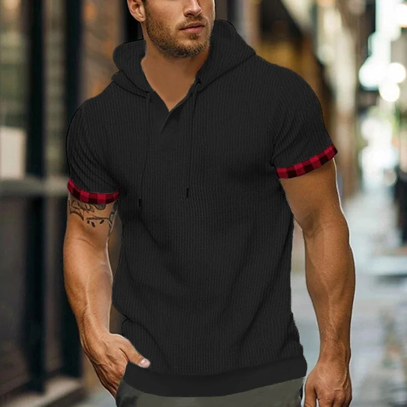 Kortermet Hoodie for Menn – Waffle-Struktur i Ensfarget Design | Sporty og Komfortabel T-skjorte til Vår og Sommer