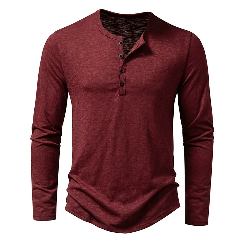 Herre Henley T-skjorte i Bomull – Langermet &amp; Pustende | Casual Basisgenser med Knapper