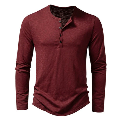 Herre Henley T-skjorte i Bomull – Langermet &amp; Pustende | Casual Basisgenser med Knapper