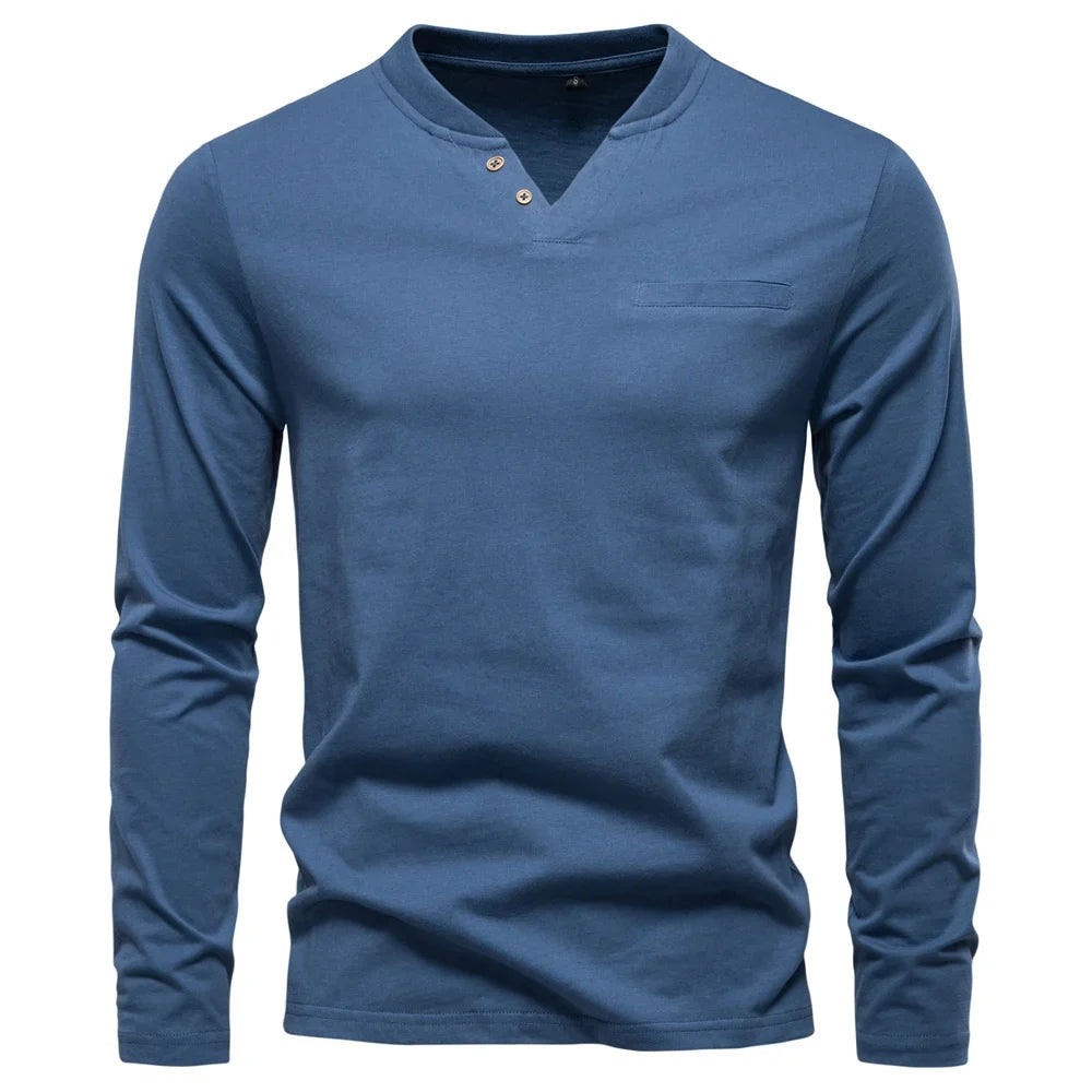 Klassisk Henley Langermet T-skjorte for Menn – 100 % Bomull | Myk, Pustende og Elegant Topp i Premium Kvalitet