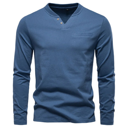 Klassisk Henley Langermet T-skjorte for Menn – 100 % Bomull | Myk, Pustende og Elegant Topp i Premium Kvalitet