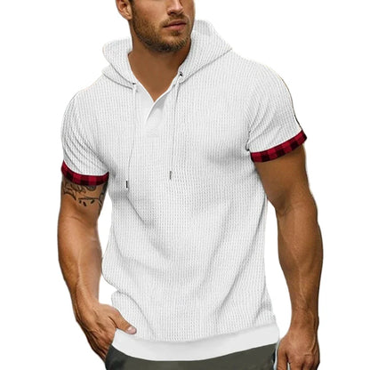 Kortermet Hoodie for Menn – Waffle-Struktur i Ensfarget Design | Sporty og Komfortabel T-skjorte til Vår og Sommer – Blå